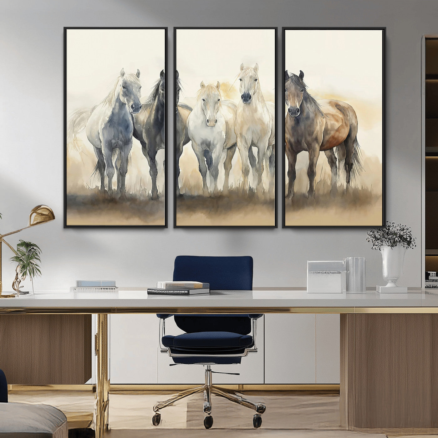 Watercolor illustration of five wild horses in soft neutral tones, perfect for rustic or western-style home decor with a calming natural vibe.