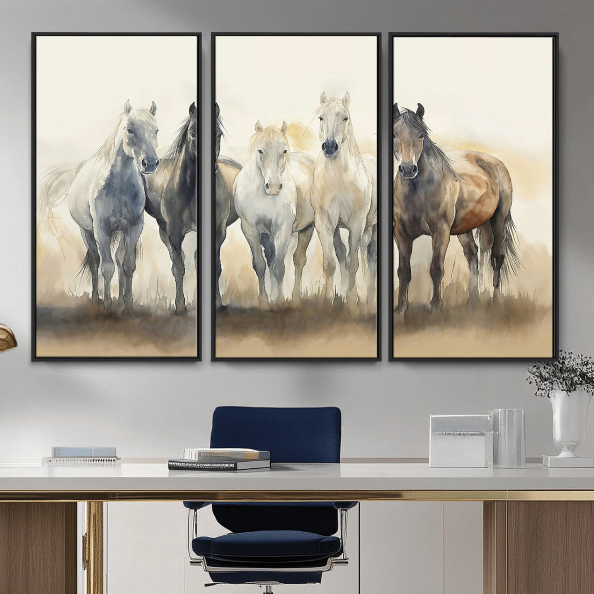 Watercolor illustration of five wild horses in soft neutral tones, perfect for rustic or western-style home decor with a calming natural vibe.