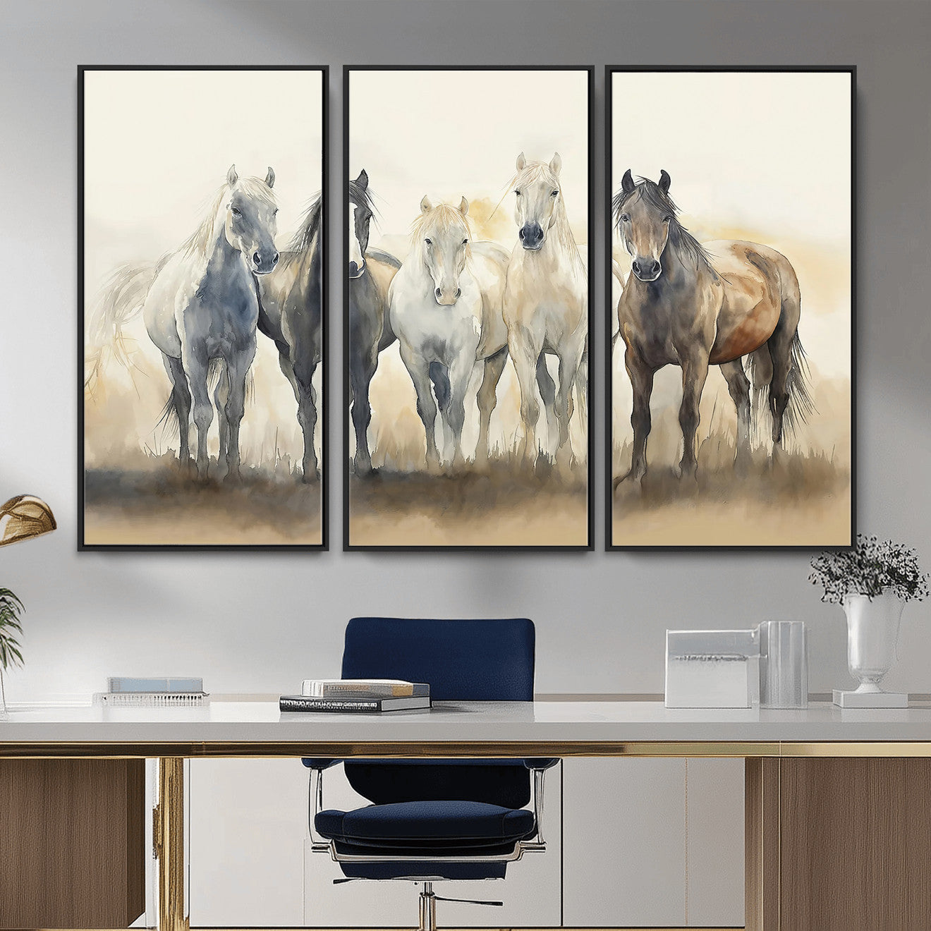 MGV-FC-48X32-3P - Wild Horses Wall Art Canvas Print, Framed Running Horses Art Picture Print, Watercolor Horses Perfect Rustic Western Decor Artwork