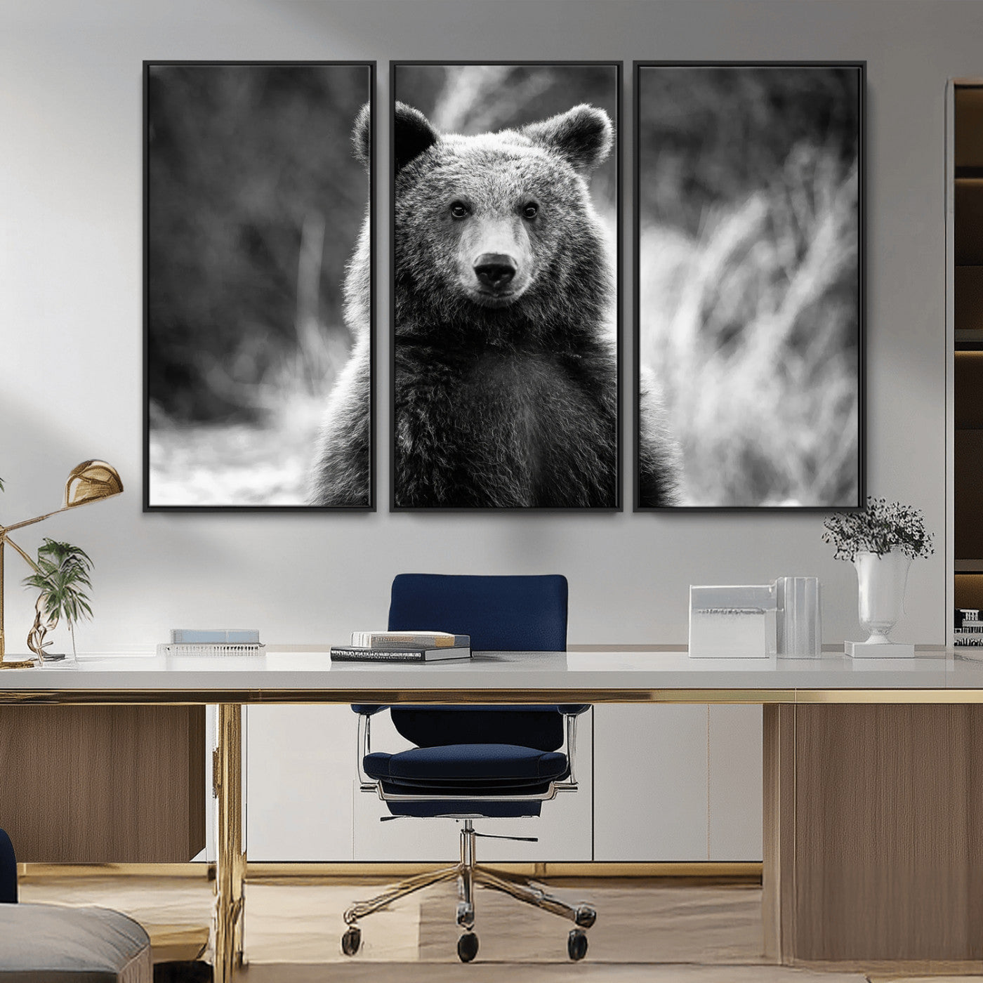 Black and white portrait of a grizzly bear with sharp detail and intense gaze, ideal for neutral-toned wildlife or rustic nature decor.
