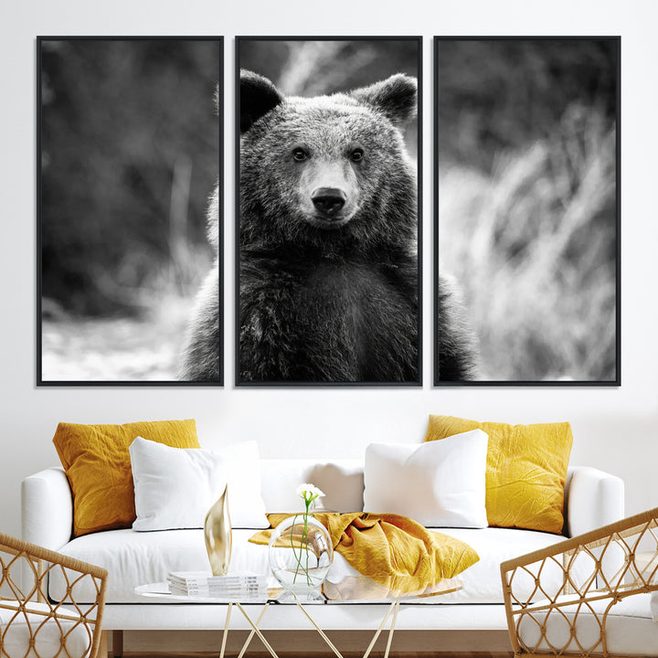 Grizzly Bear Wall Art Canvas Print, Framed Black White Bear Art Picture Print, Wild Bear Perfect Rustic Wildlife Decor
