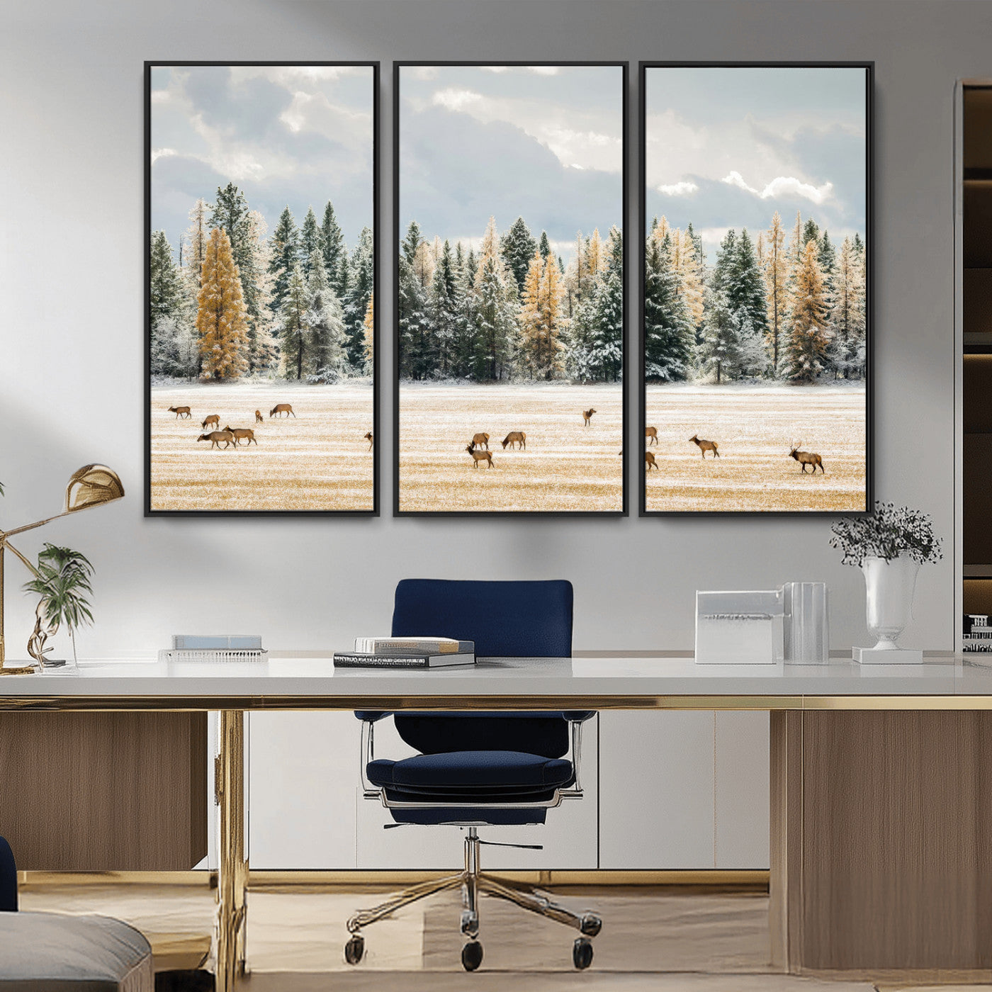 Elk herd in a snowy field with golden pine trees and frosted evergreens, ideal for neutral rustic or cabin-style home decor.