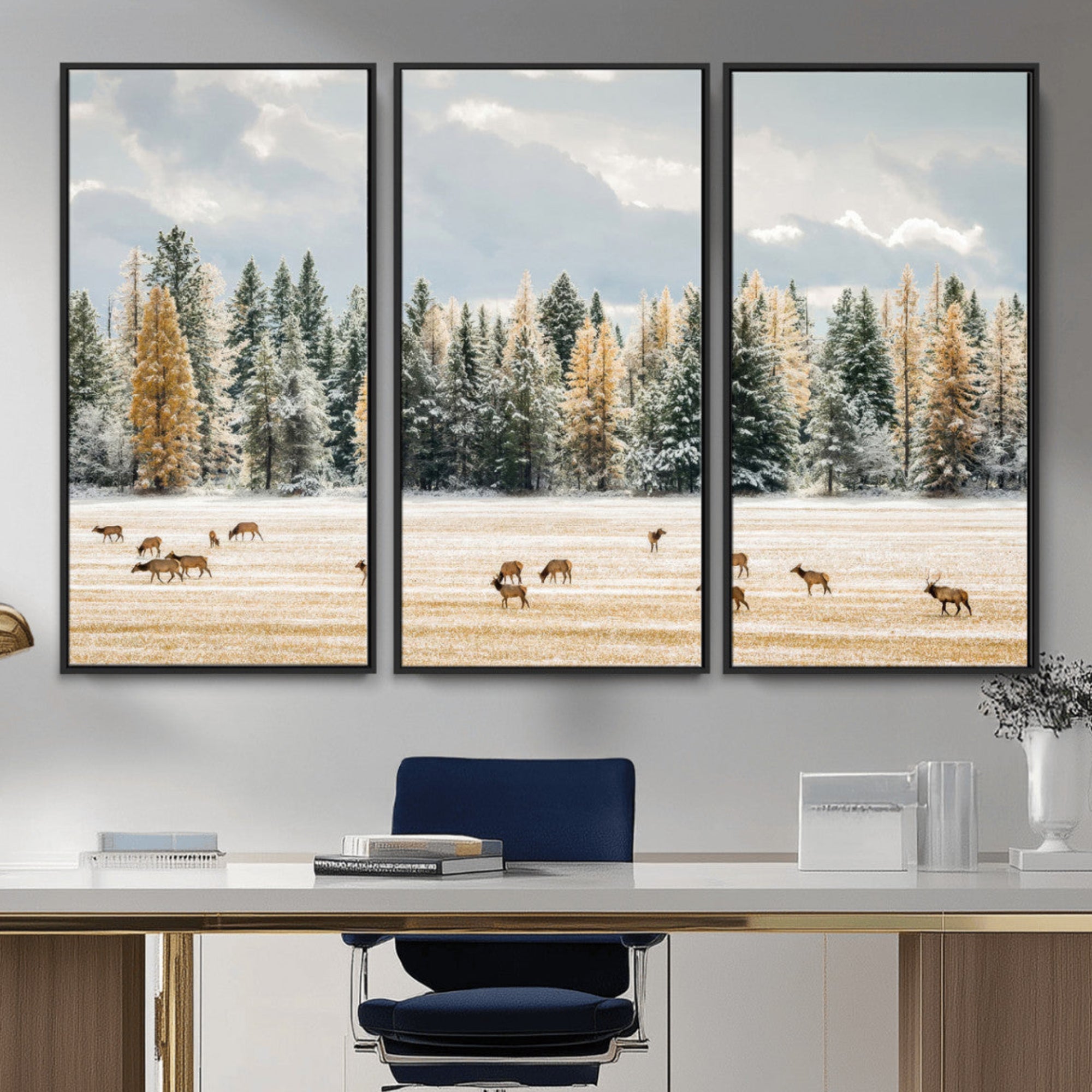Elk herd in a snowy field with golden pine trees and frosted evergreens, ideal for neutral rustic or cabin-style home decor.