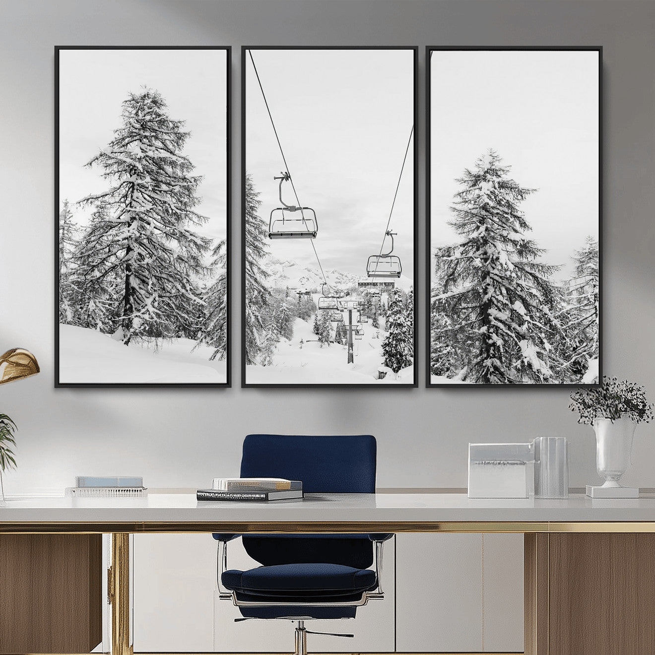 55003599-MGV-CV-36X24 - Snowy Ski Lift Wall Art – Framed Winter Forest Canvas Artwork, Peaceful Mountain Design, Modern Nature Decor for Home, Office