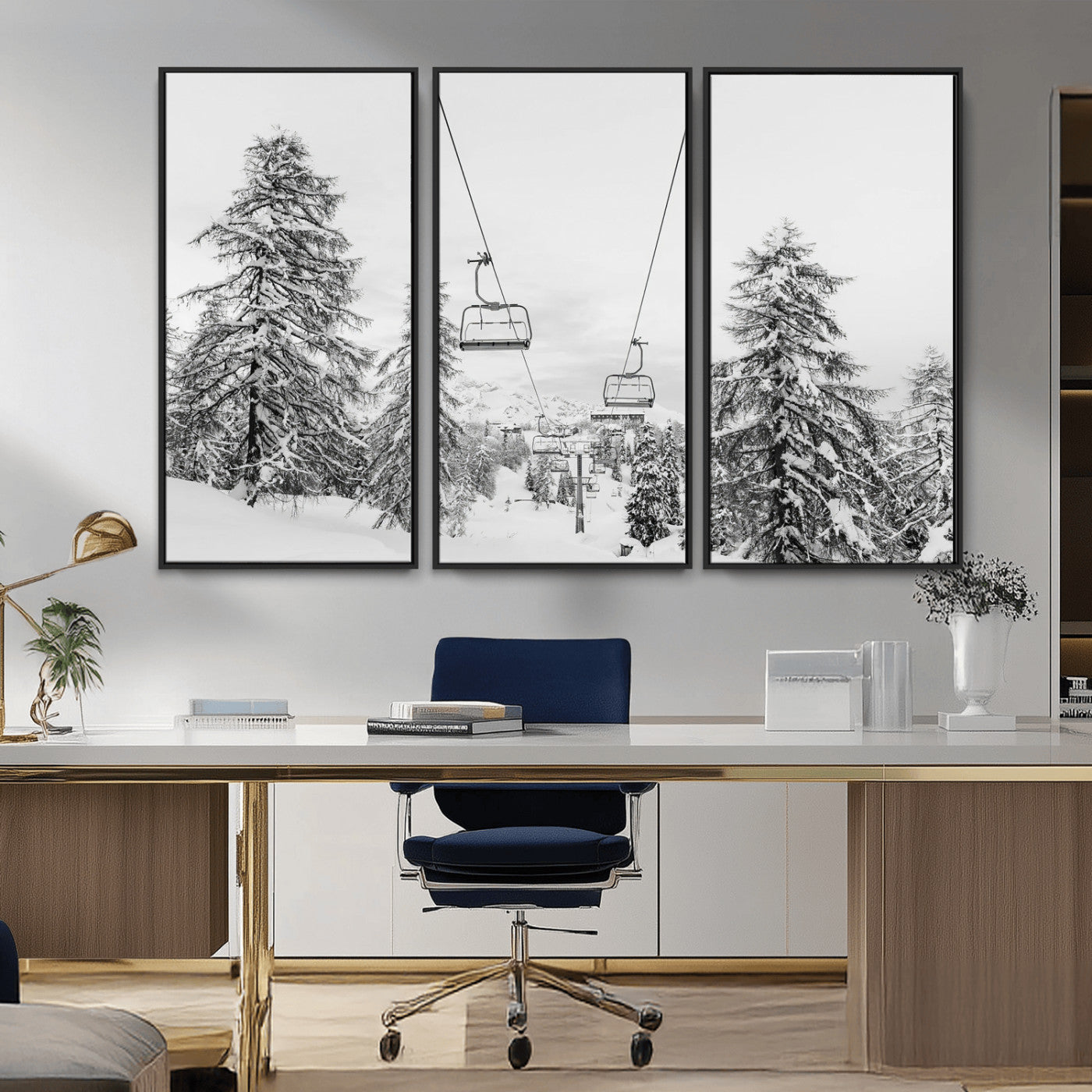 MGV-FC-48X32-3P - Wall Art Canvas Print Winter Chairlift Views Silent Snow-Covered Pines Mountain Calm Serenity Frozen