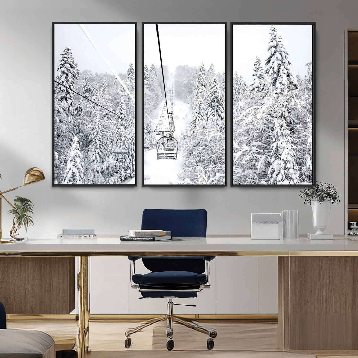 MGV-FC-48X32-3P - Snowy Mountains Wall Art Canvas Print, Framed Ski Lift Art Picture Print, Winter Forest Perfect