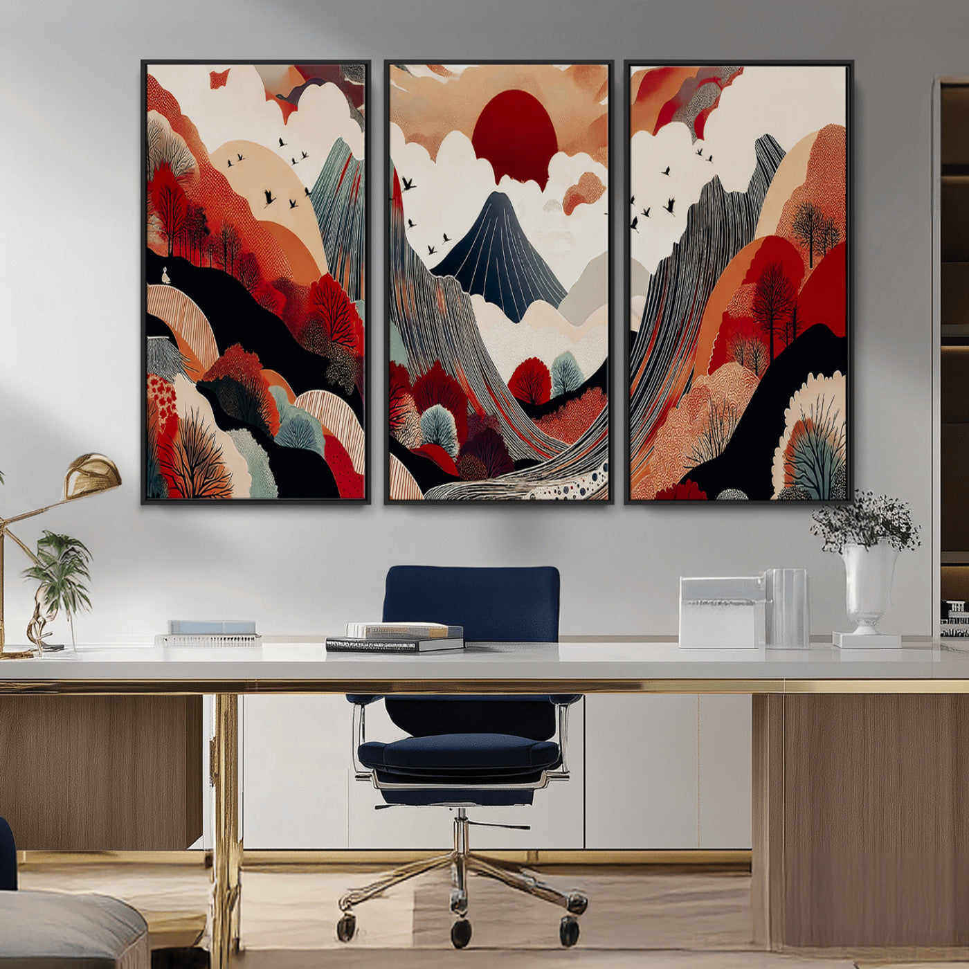 Abstract nature illustration with a red sun, mountains, and vibrant landscapes in graphic style, perfect for contemporary minimalist home decor. Ideal for modern spaces.