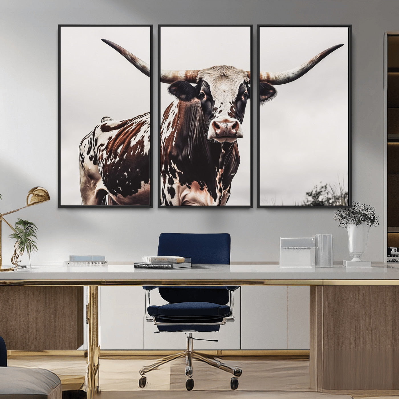 Close-up of a Texas Longhorn bull with powerful horns, perfect for rustic farmhouse or country-themed home decor. Ideal for animal lovers.