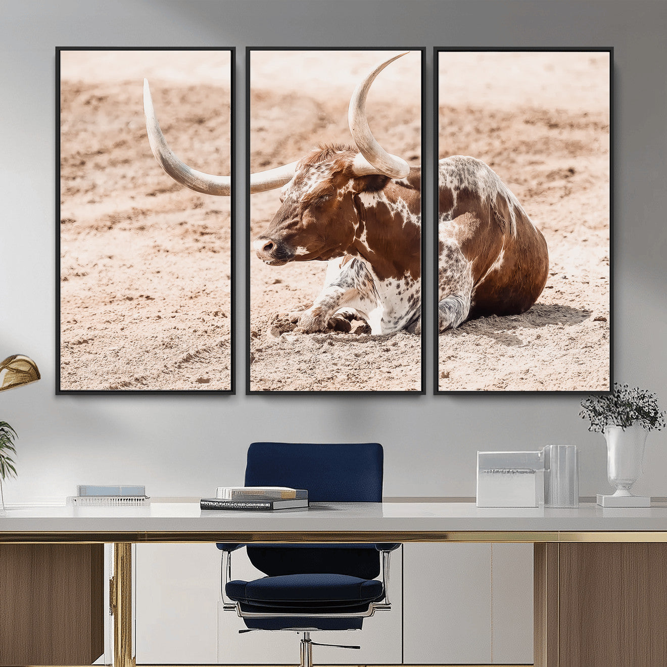 91248682-MGV-CV-36X24-Texas Longhorn Wall Art Canvas Print – Framed Resting Bull Scene with Spotted Cattle Artwork for Home, Office