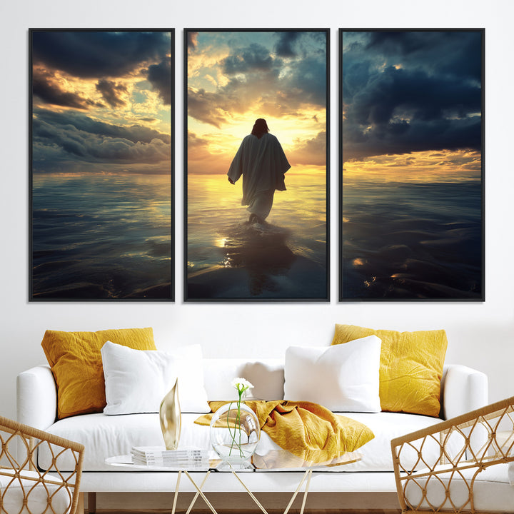 Jesus Walks Wall Art Canvas Print, Framed Divine Sunset Art Picture Print, Spiritual Light Perfect Spiritual Tranquil Decor Artwork