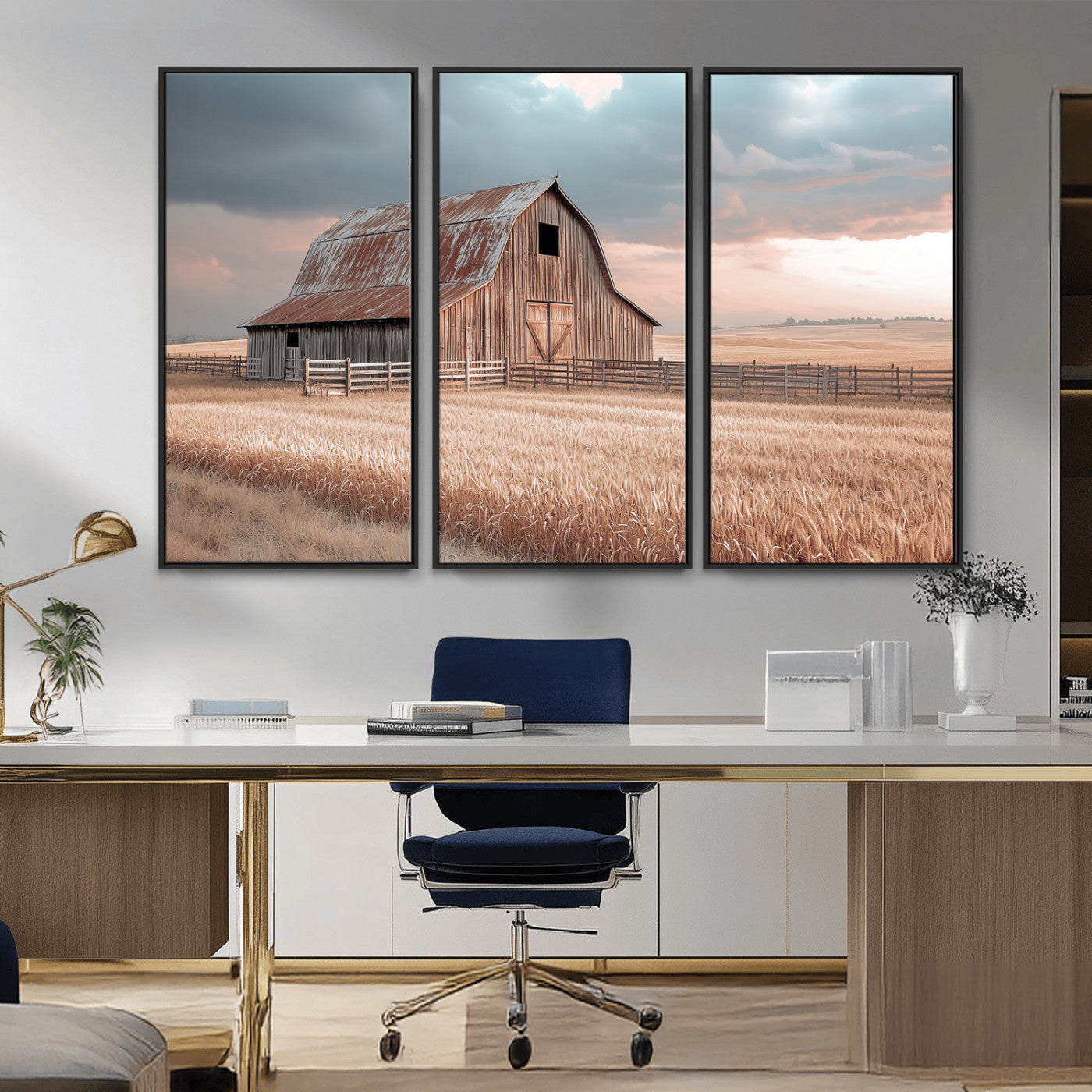 MGV-FC-48X32-3P - Rustic Barn Wall Art Canvas Print, Framed Wheat Field Art Picture Print, Sunset Barn Perfect Vintage Farmhouse Decor Artwork