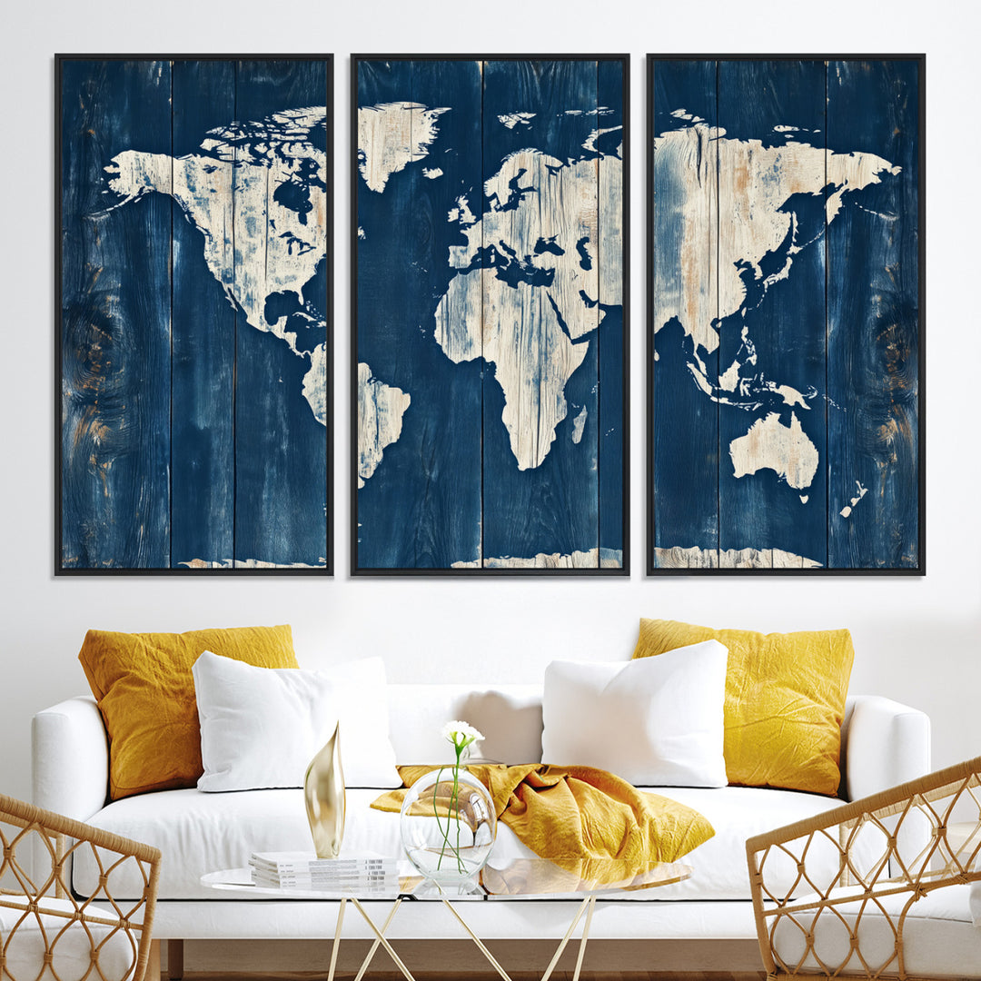 World Map Wall Art Canvas Print, Rustic Map Print, Framed Wooden World Map Art Print, Large Antique Map Decor Printing Perfect for Vintage Decor