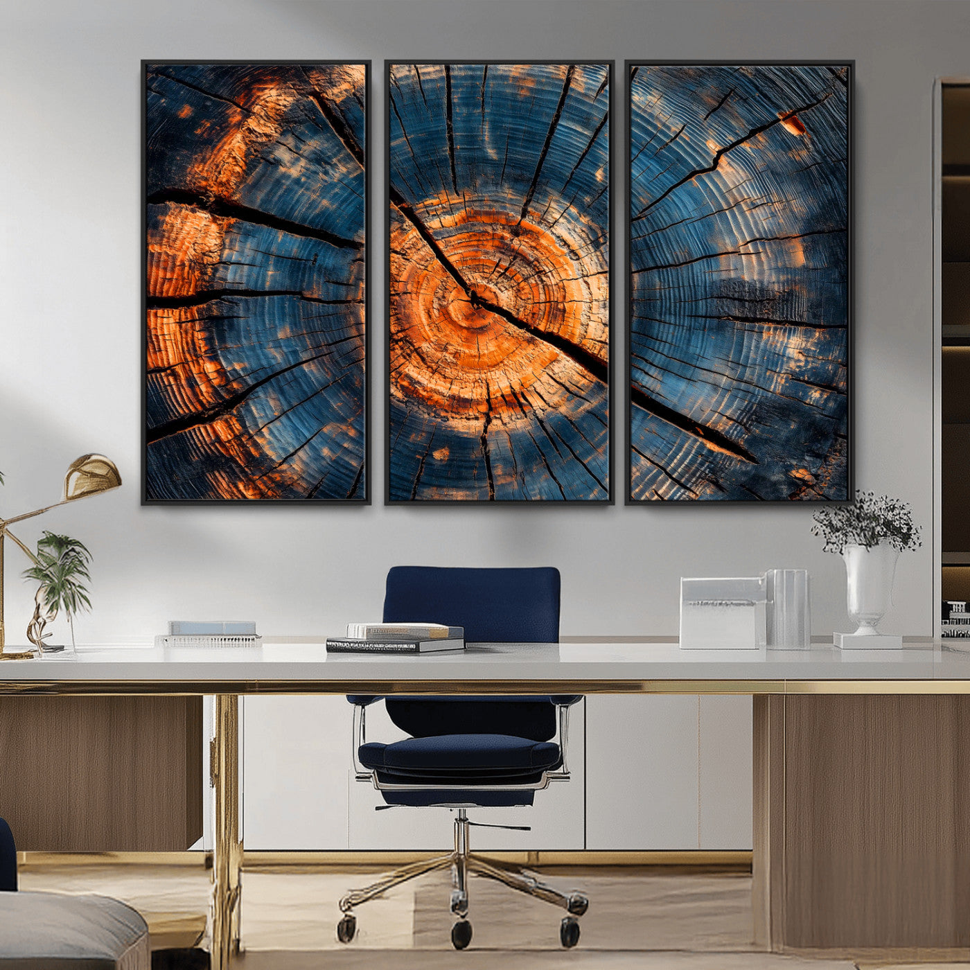 MGV-FC-48X32-3P - Burnt Wood Wall Art Canvas Print, Framed Aged Timber Art Picture Print, Rustic Tree Slice Perfect Rustic Decor Artwork