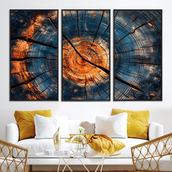 Burnt Wood Wall Art Canvas Print, Aged Timber Print, Framed Rustic Tree Slice Art Print, Large Organic Texture Printing Perfect for Rustic Decor