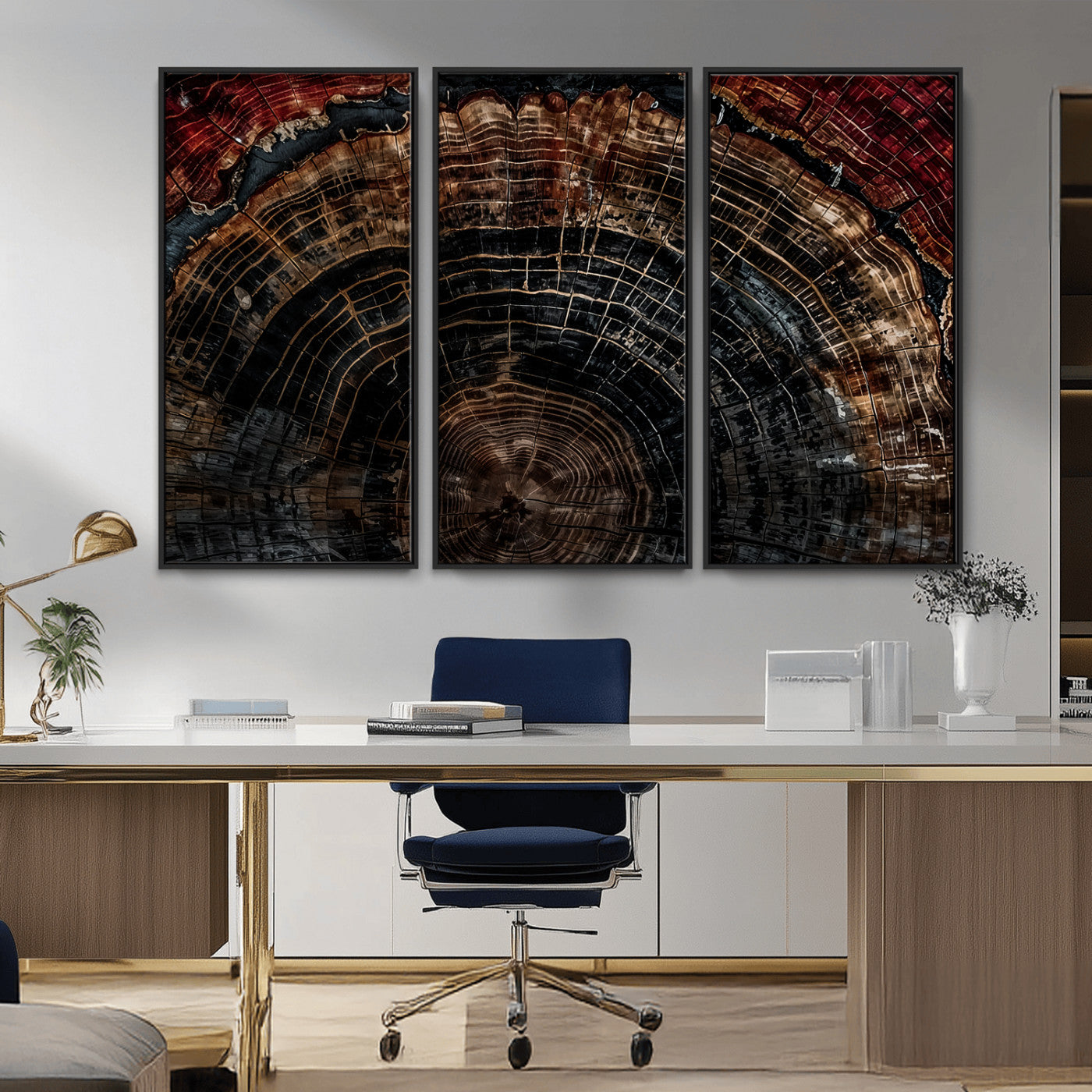 MGV-FC-48X32-3P - Dark Wood Ring Wall Art Canvas Print, Framed Abstract Wood Tree Art Picture Print, Rustic Tree Slice Perfect Rustic Decor Artwork