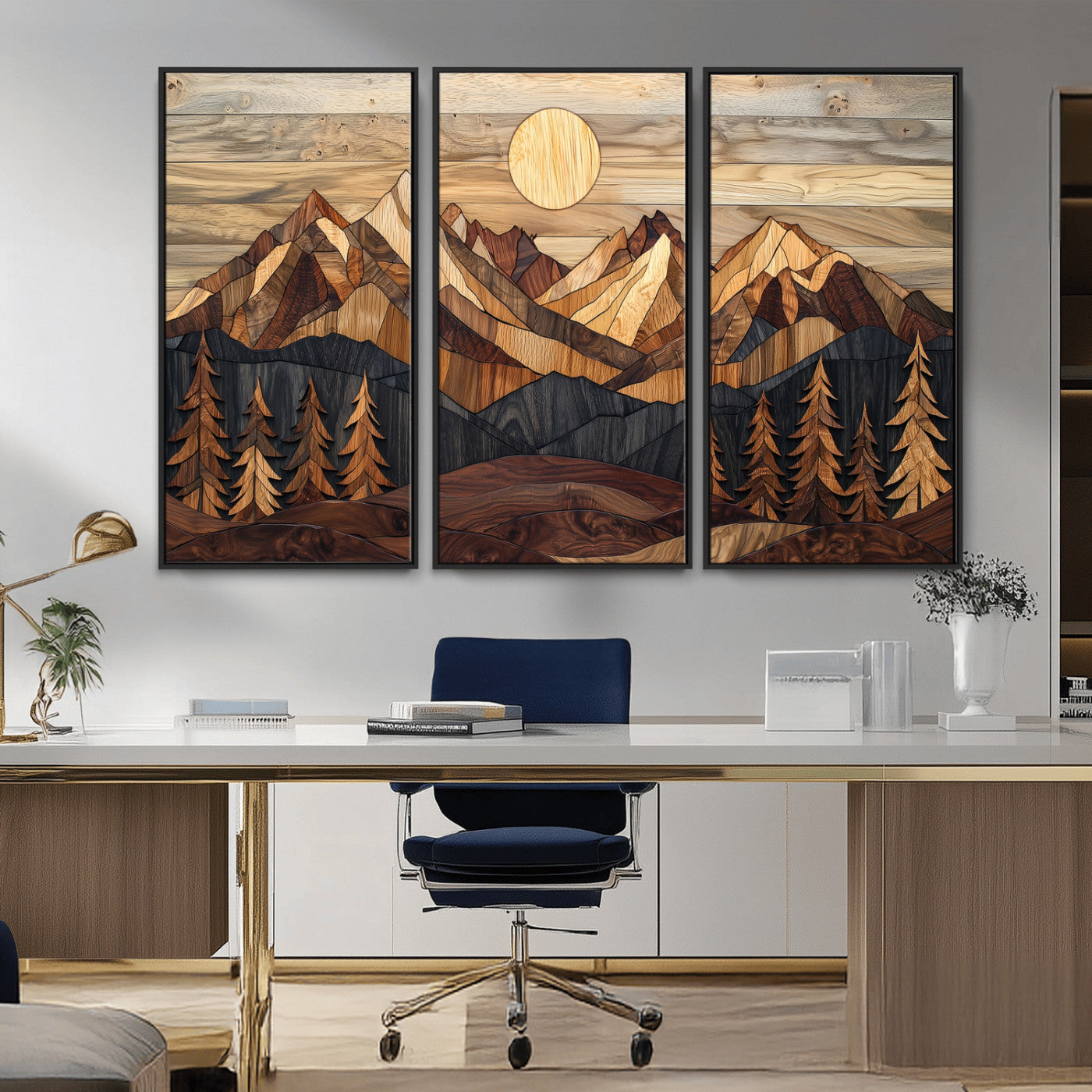 MGV-FC-48X32-3P - Wood Mountain Landscape Wall Art Canvas Print, Framed Sunset Hills Art Picture Print, Abstract Nature Perfect Boho Decor Artwork