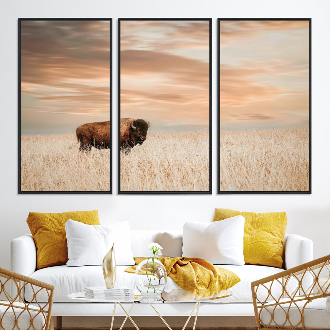 Bison Wall Art Canvas Print, Buffalo Print, Framed Western Prairie Art Print, Large Rustic Wildlife Printing Perfect for Rustic Decor