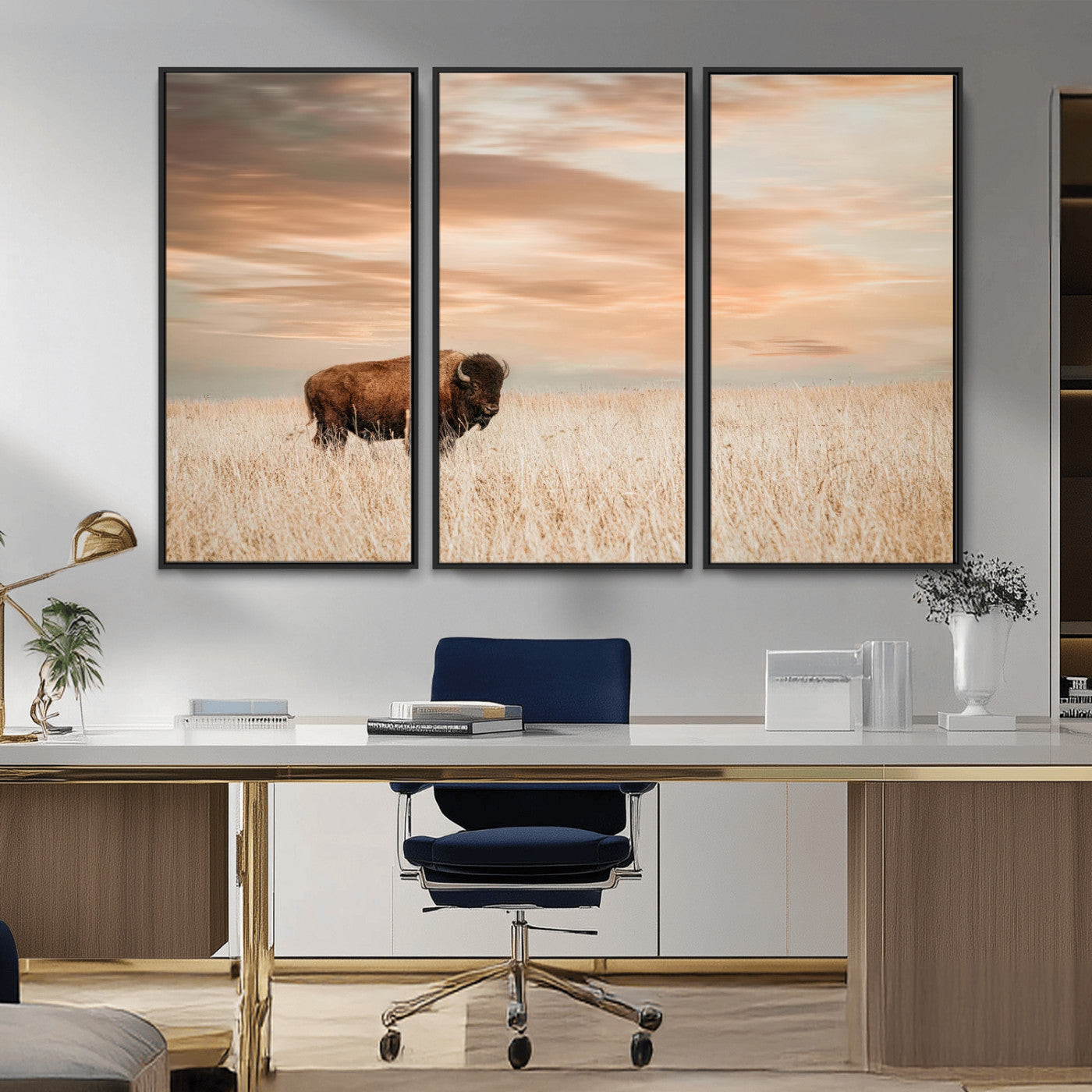 MGV-FC-48X32-3P - Bison Wall Art Canvas Print, Framed Buffalo Art Picture Print, Western Prairie Perfect Rustic Decor Artwork
