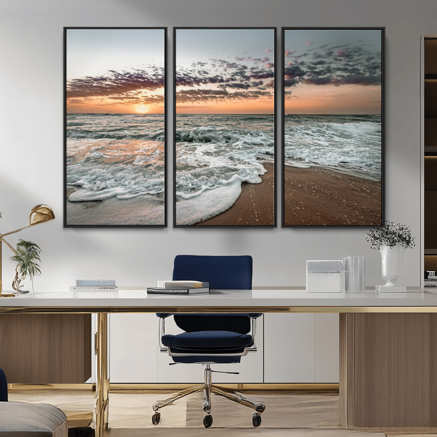 MGV-FC-48X32-3P - Ocean Sunset Wall Art Canvas Print, Framed Beach Waves Art Picture Print, Coastal Scene Perfect Coastal Decor Artwork