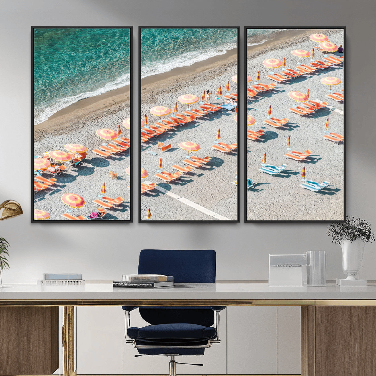 27805351-MGV-CV-36X24 - Beach Umbrellas Wall Art – Orange Loungers & Turquoise Water Canvas Print, Sandy Shore and Summer Vibes