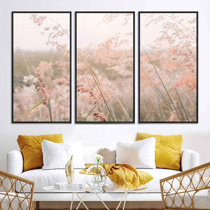 Pastel Grasses Wall Art Canvas Print, Soft Meadow Print, Framed Field in Breeze Art Print, Large Pink Meadow Printing Soft Pastel