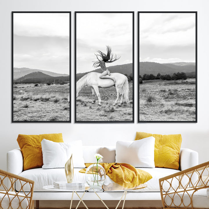 White Horse Wall Art Canvas Print, Woman Rider Print, Framed Equestrian Pose Art Print, Large Grazing Horse Printing Western Boho
