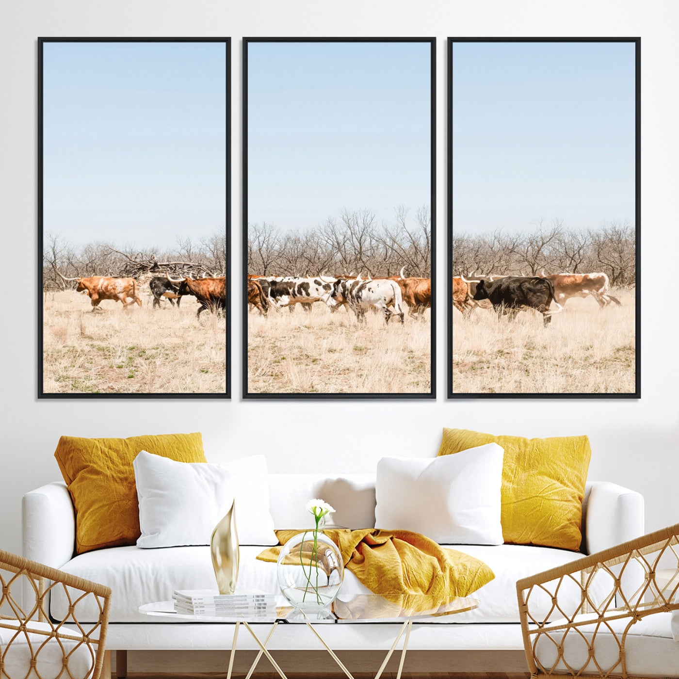 16563092-MGV-CV-36X24-Texas Longhorns Wall Art Canvas Print, Western Cattles Print Wall Art, Framed Rustic Herd Art Print, Large Country Cows Printing Rustic
