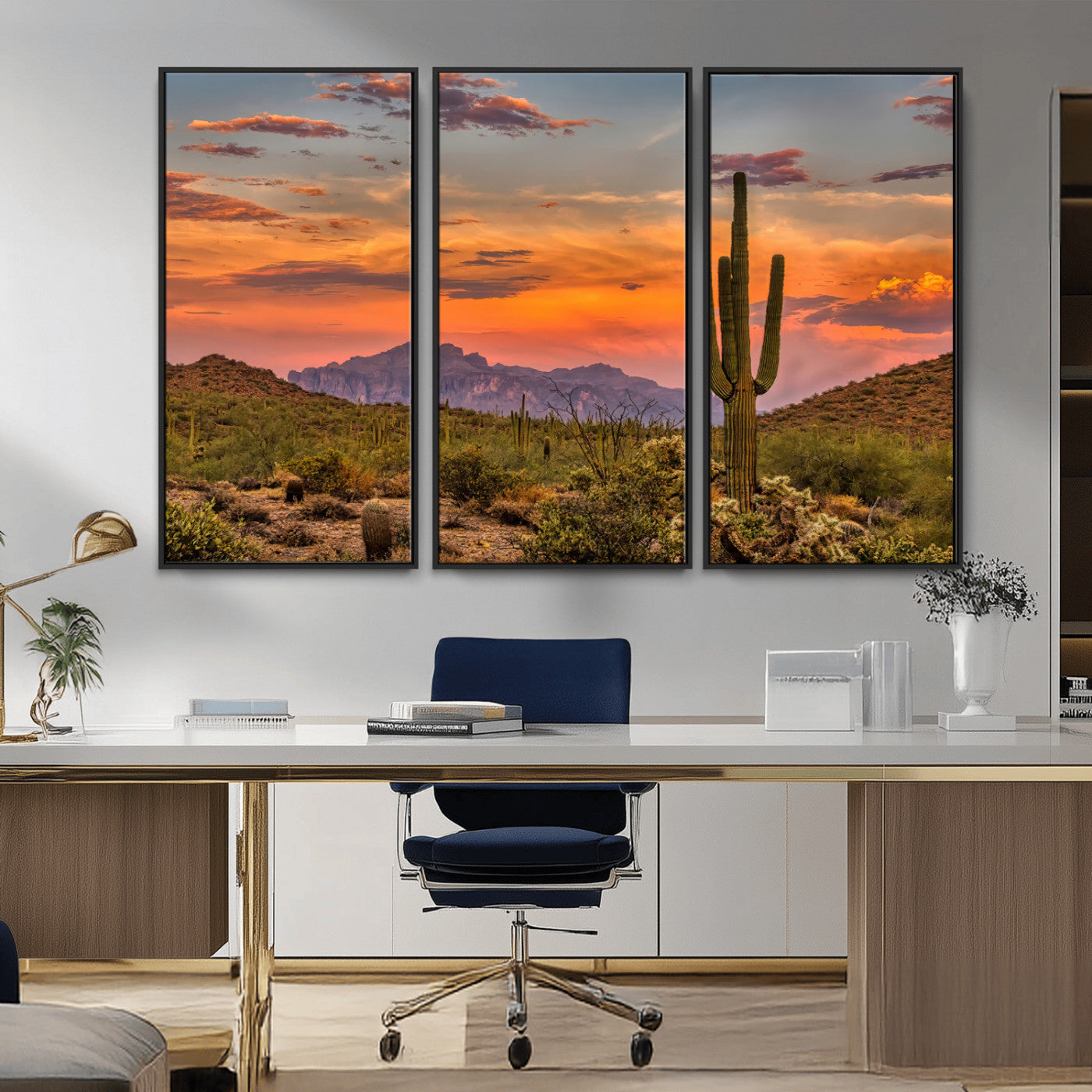 MGV-FC-48X32-3P - Saguaro Cactus Wall Art Canvas Print, Framed Arizona Sunset Art Picture Print, Sonoran Desert Perfect Southwestern Boho Decor Artwork