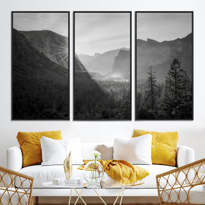 Yosemite Valley Wall Art Canvas Print, El Capitan Sunrise Print, Framed Misty Mountain Art Print, Large Monochrome Valley Printing
