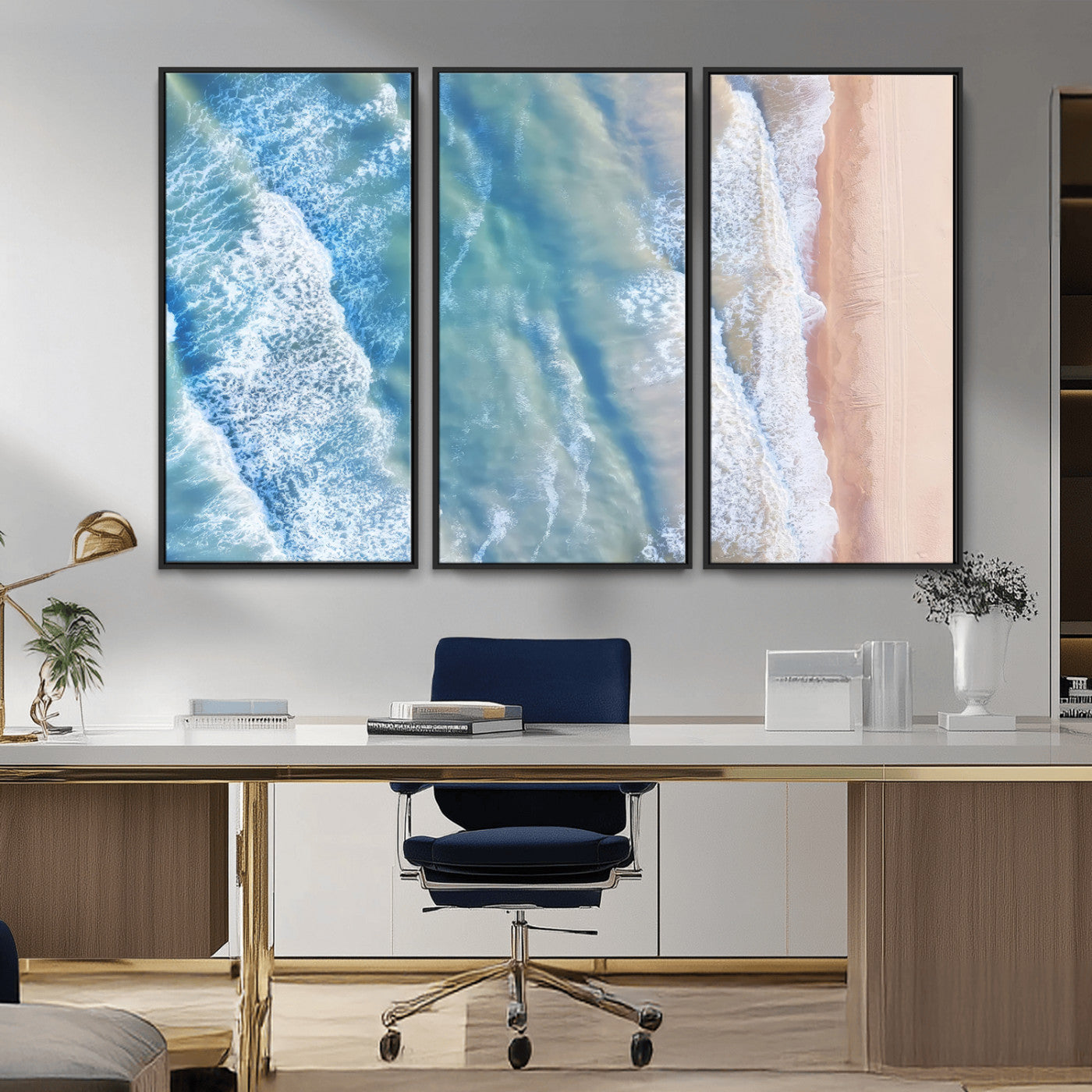 MGV-FC-48X32-3P - Aerial Ocean View Wall Art Canvas Print, Framed Soft Blue Waves Art Picture Print, Sandy Shoreline Perfect Modern Coastal Decor Artwork