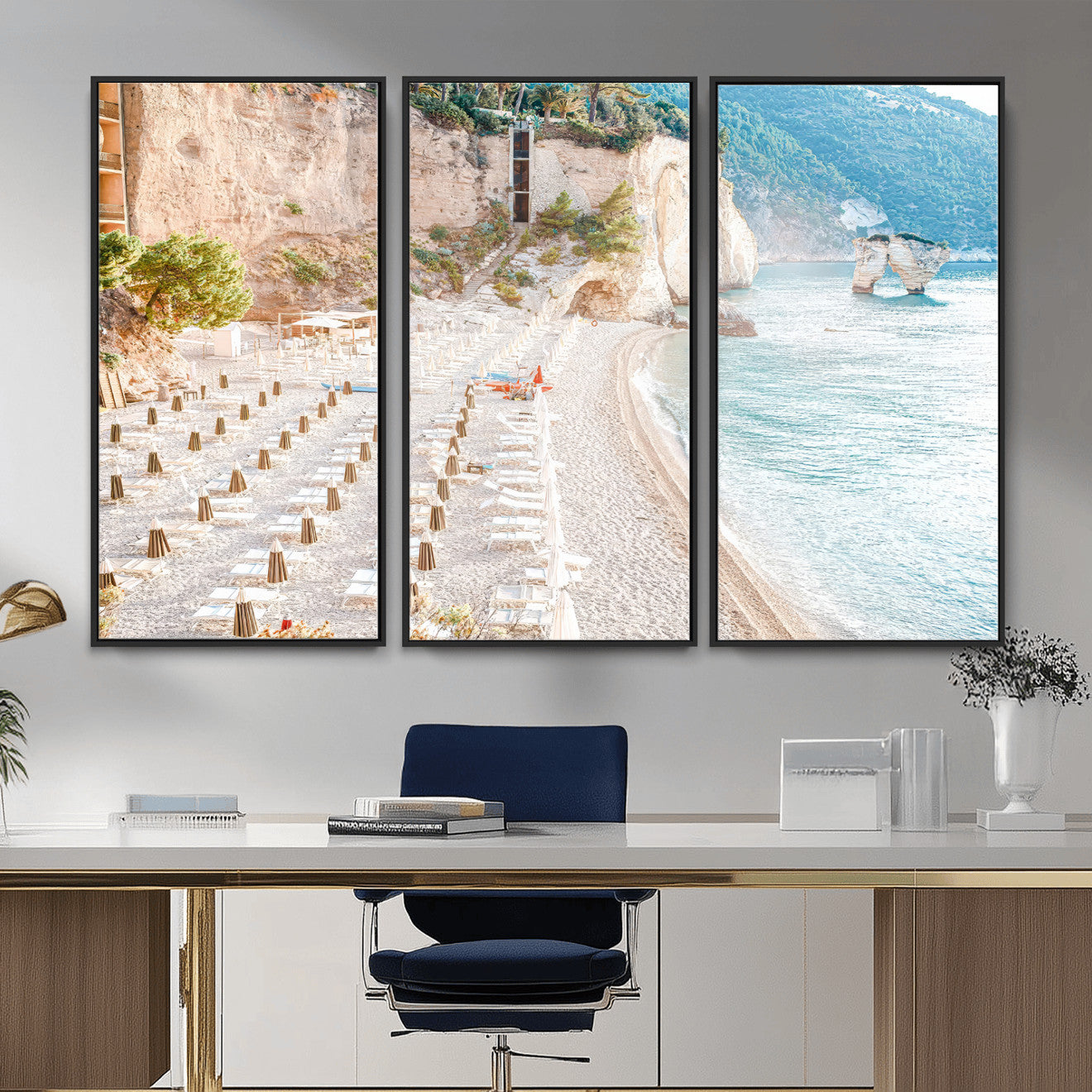 84816639-MGV-CV-36X24 - Sunny Beach Wall Art – Chairs & Umbrellas Canvas Print, Clear Water, Rocky Cliffs, Coastal Calm for Living Room or Vacation Home Decor