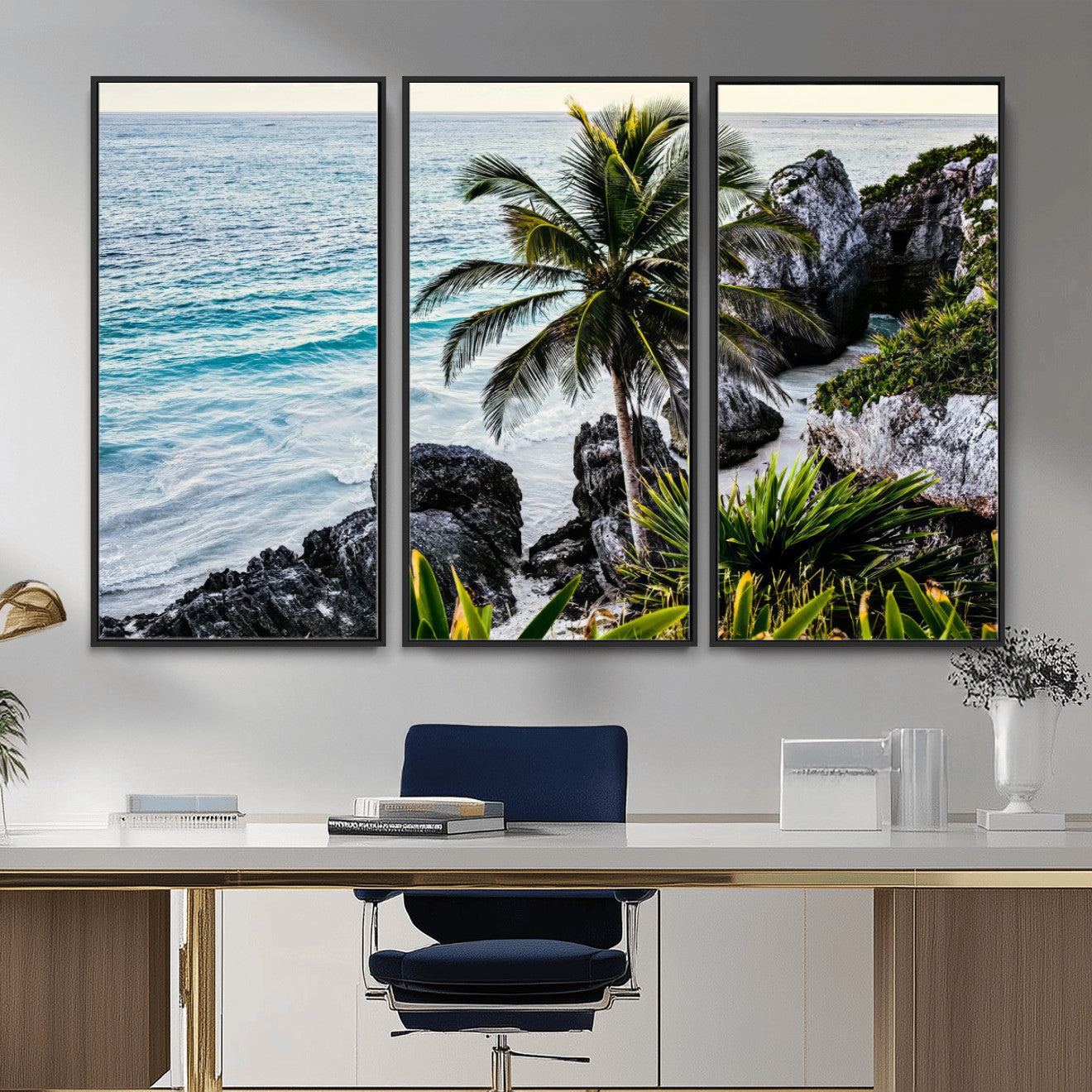 94669907-MGV-CV-36X24 - Tropical Palm Wall Art – Coastal Rocks Canvas Print, Ocean Breeze, Sandy Shore, Vibrant Green Foliage for Living Room or Beach House Decor