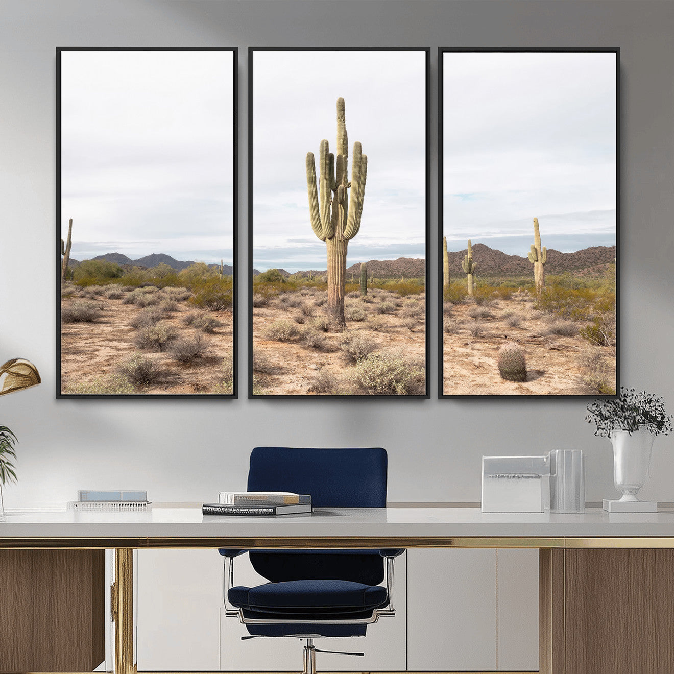 MGV-FC-48X32-3P - Saguaro Cactus Wall Art Canvas Print, Framed Desert Cactus Art Picture Print, Earthy Desert Perfect Southwestern Boho Decor Artwork
