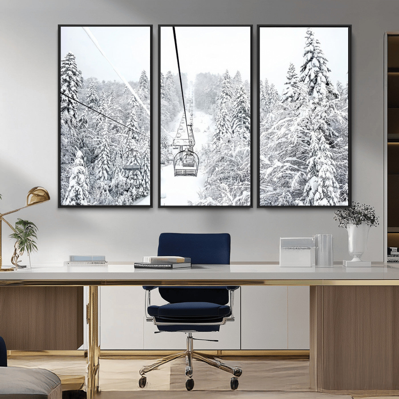 MGV-FC-48X32-3P - Winter Snow Ski Lift Wall Art Canvas Print Winter Trees Print