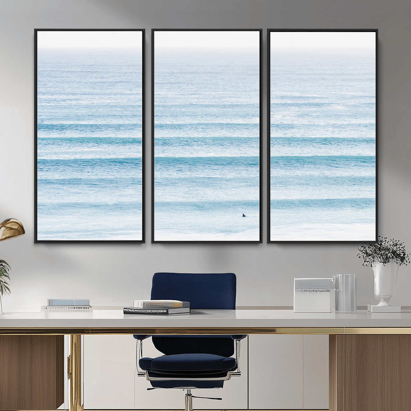 77145995-MGV-CV-36X24-Ocean Wave Surfer Wall Art – Framed Minimal Seascape Canvas Artwork, Calm Blue Water Design, Coastal Decor for Home, Office