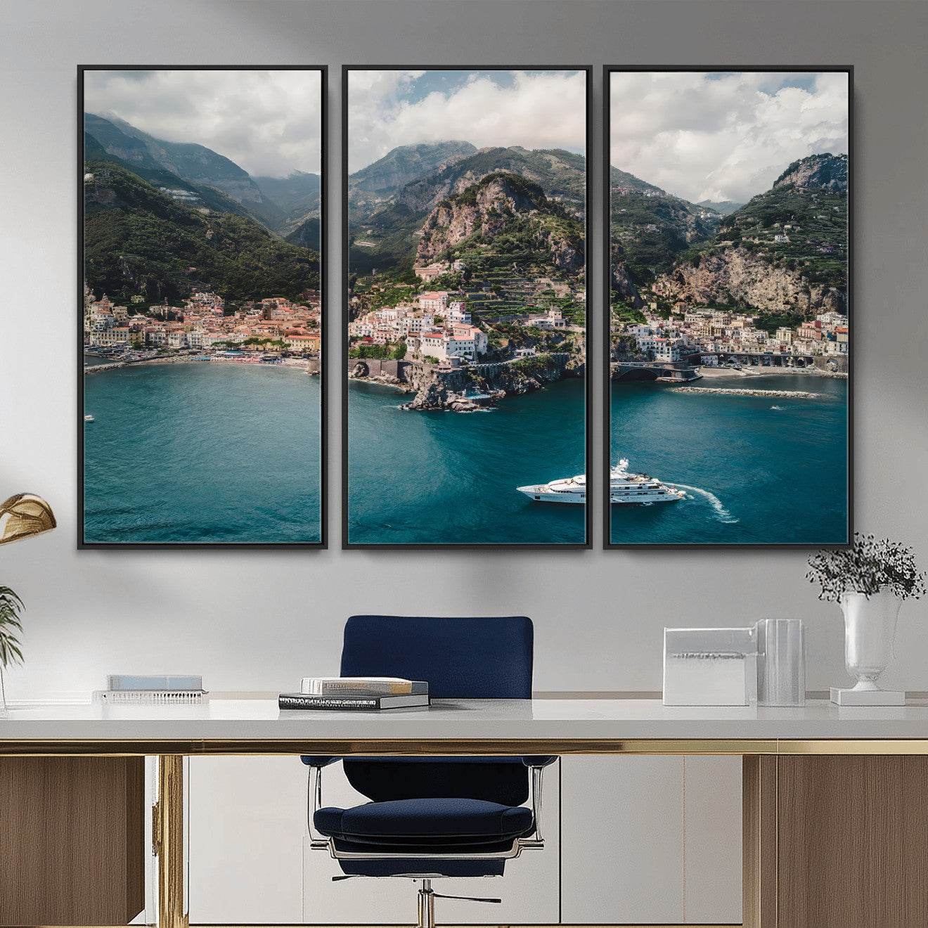 20321590-MGV-CV-36X24-Amalfi Coast Wall Art – Framed Italian Seaside Canvas Artwork, Mediterranean Landscape Design, Coastal Decor for Home, Office