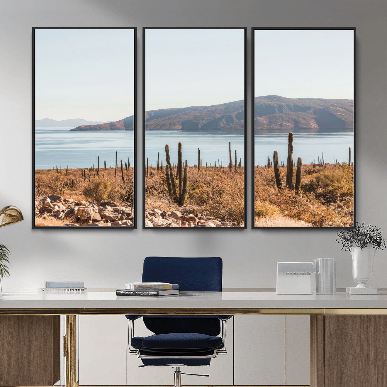 MGV-FC-48X32-3P - Desert Cactus Wall Art Canvas Print, Framed Baja Coastline Art Picture Print, Coastal Desert Perfect Southwestern Minimalist Decor Artwork