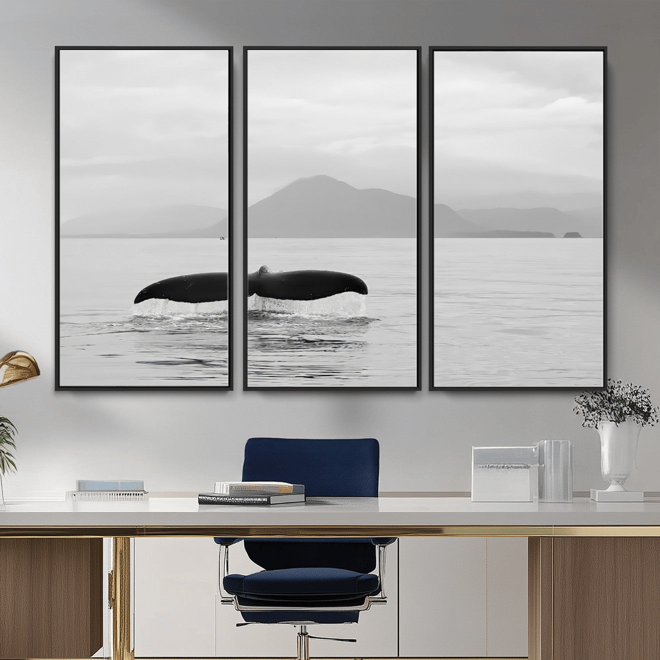 MGV-FC-48X32-3P - Whale Tail Wall Art Canvas Print, Framed Black White Ocean Art Picture Print, Calm Marine Perfect Minimalist Coastal Decor Artwork