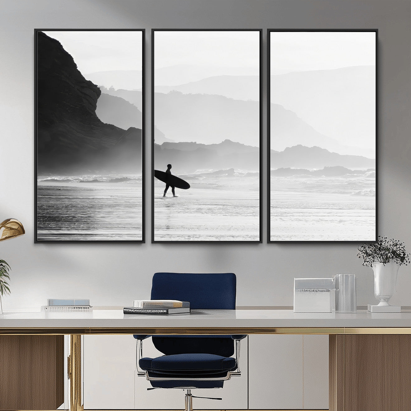 MGV-FC-48X32-3P - Surfer In Fog Wall Art Canvas Print, Framed Moody Shoreline Art Picture Print, Cliffside Waves Perfect Minimalist Coastal Decor Artwork