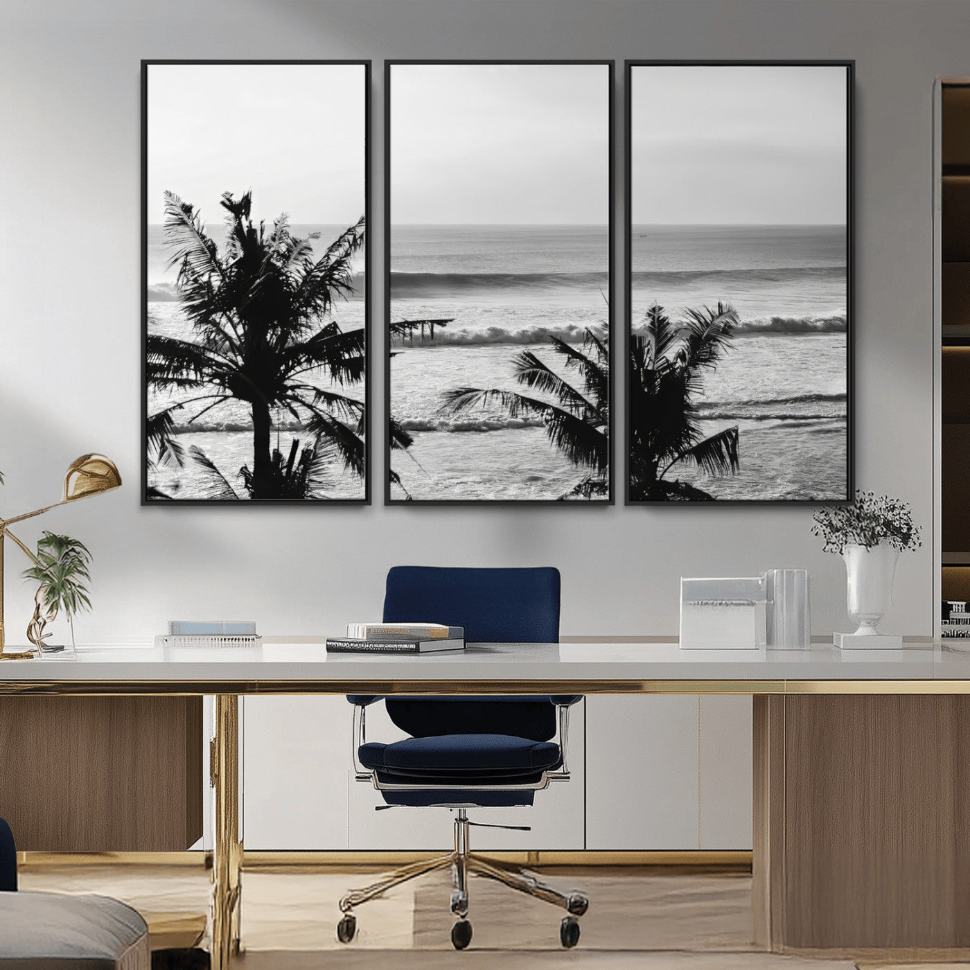 17508038-MGV-CV-36X24-Tropical Coastline Wall Art Canvas Print – Framed Palm Trees Scene with Ocean Waves Artwork for Home, Office