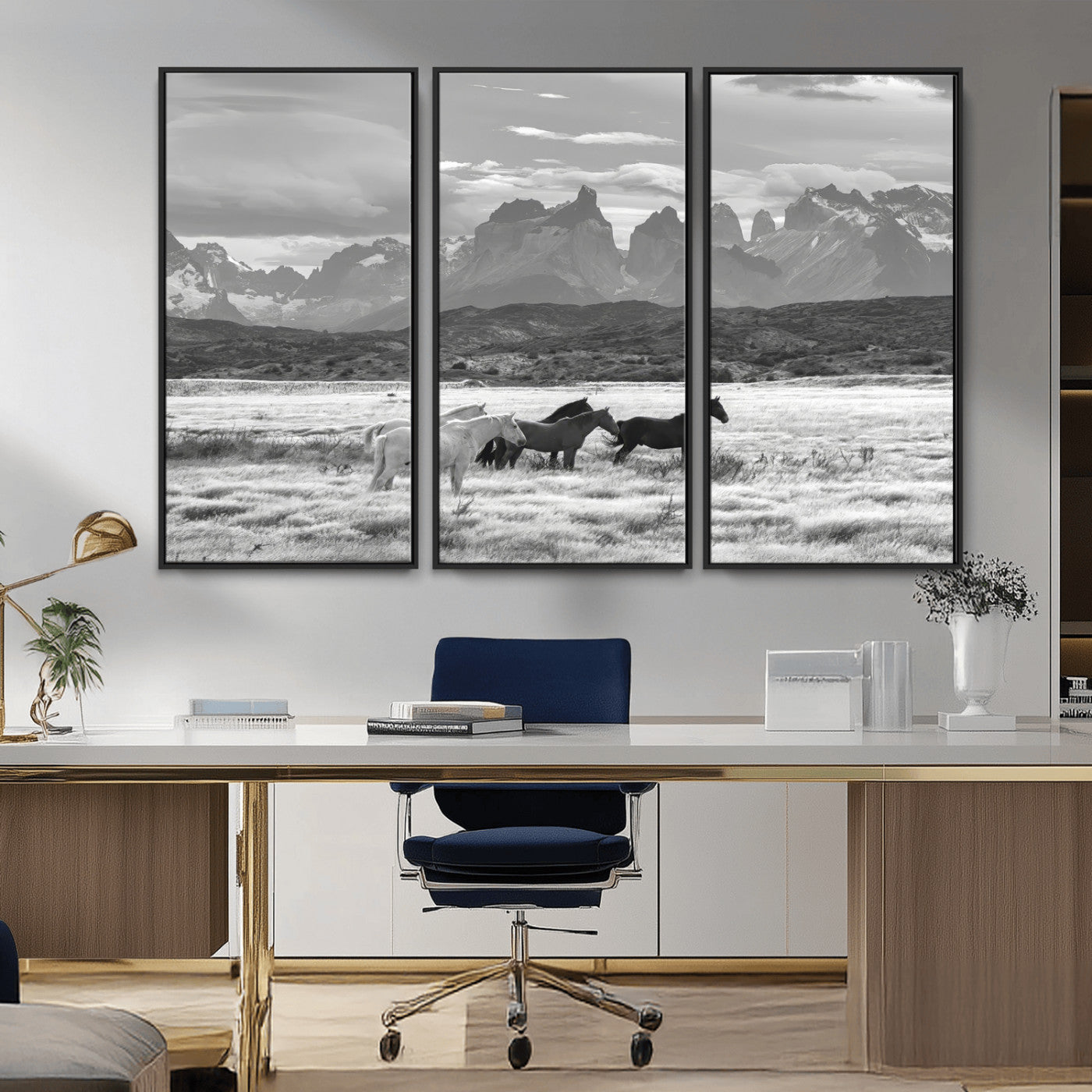 MGV-FC-48X32-3P - Wild Horses Wall Art Canvas Print, Framed Black White Mountains Art Picture Print, Rustic Countryside Perfect Rustic Western Decor Artwork