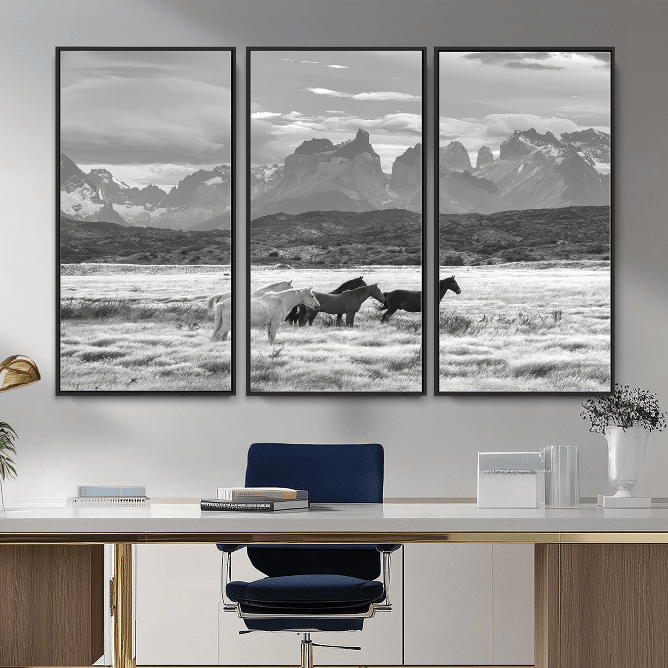 MGV-FC-48X32-3P - Wild Horses Wall Art Canvas Print, Framed Black White Mountains Art Picture Print, Rustic Countryside Perfect Rustic Western Decor Artwork