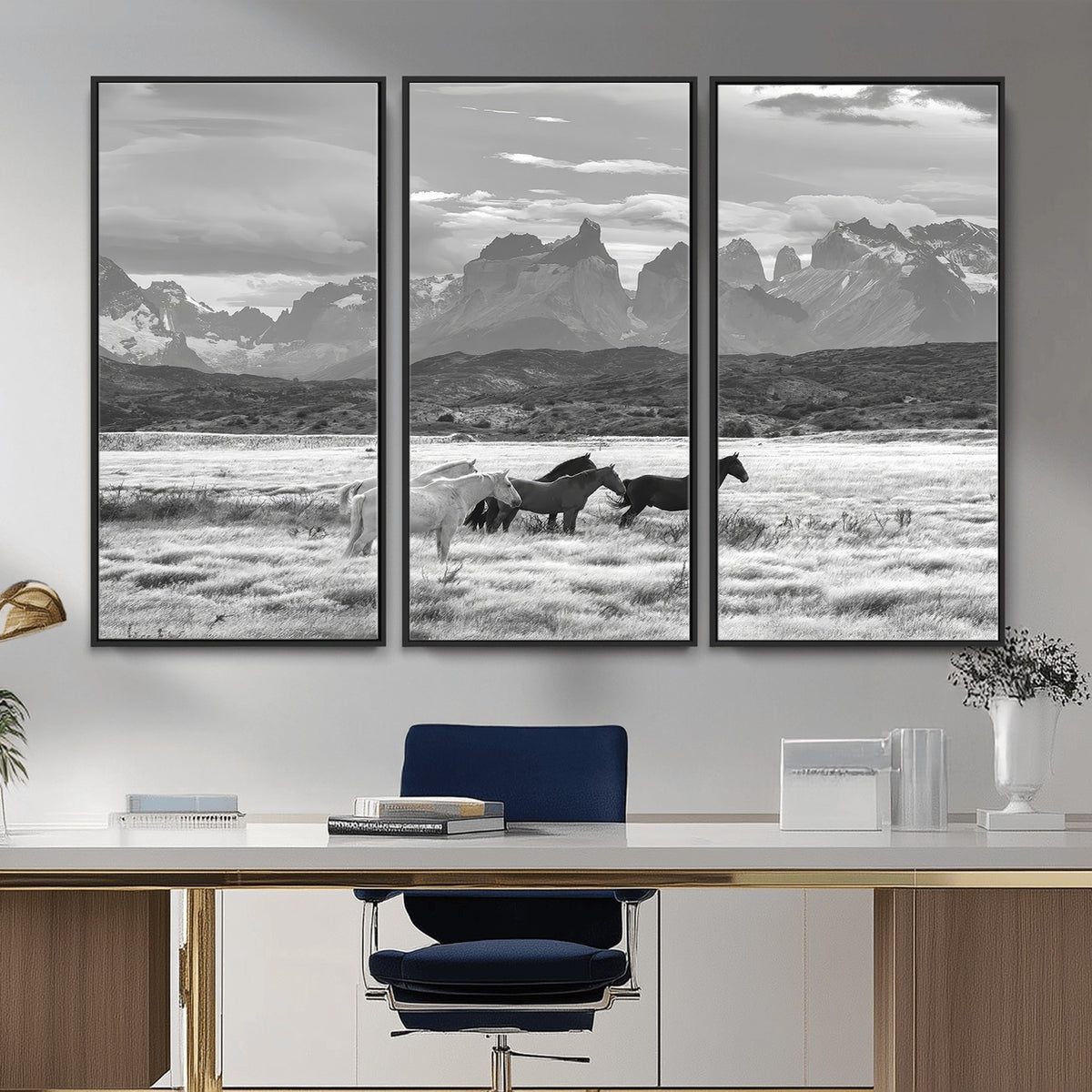 21655040-MGV-CV-24X16 - Wild Horses Wall Art Canvas Print, Framed Black and White Mountain Scene