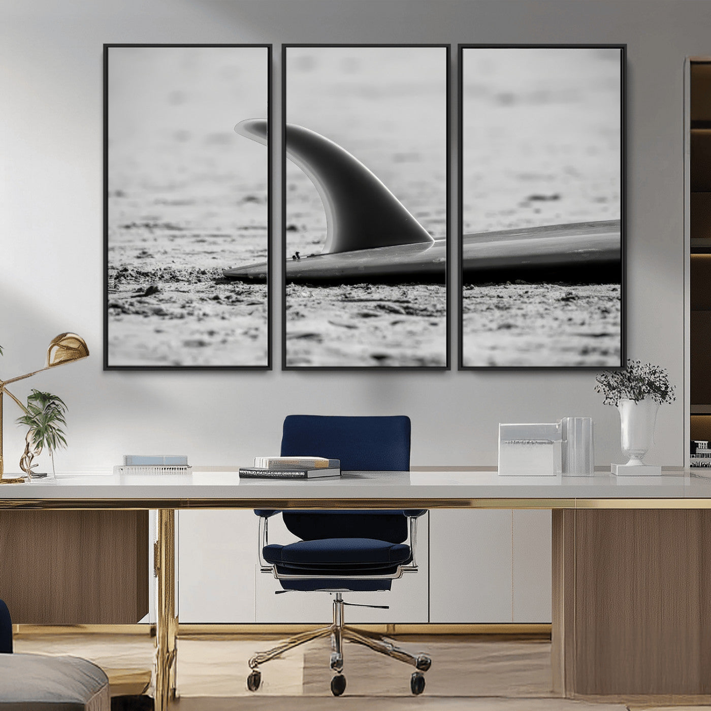 MGV-FC-48X32-3P - Black White Surfboard Wall Art Canvas Print, Framed Minimalist Beach Art Picture Print, Surf Fin Perfect Minimalist Coastal Decor Artwork