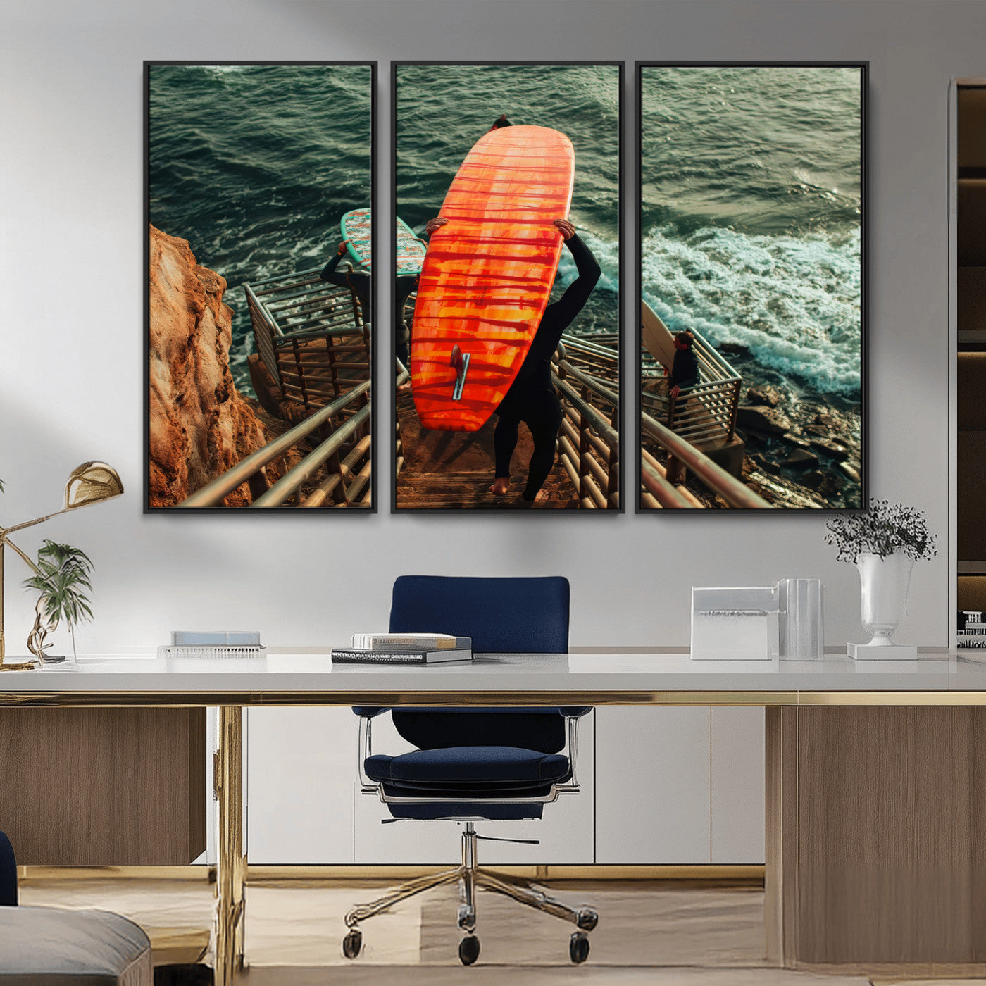 MGV-FC-48X32-3P - Surfer Stairway Wall Art Canvas Print, Framed Ocean Surf Art Picture Print, Sunset Coastal Perfect Coastal Adventure Decor Artwork