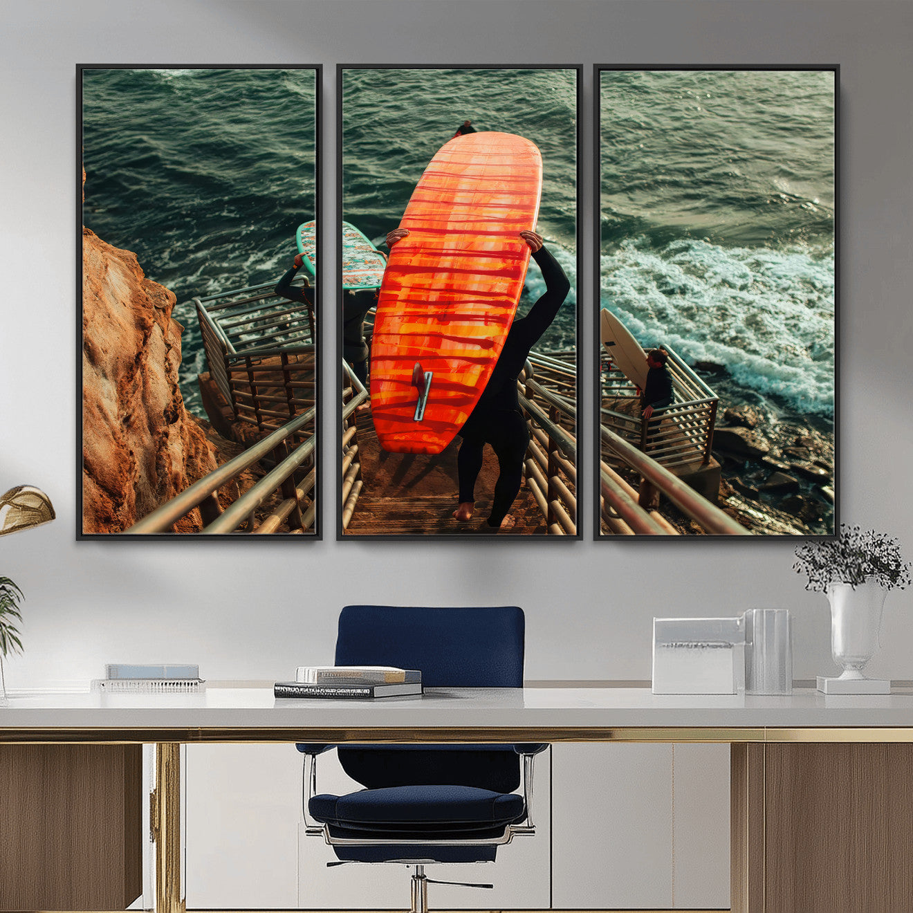 MGV-FC-48X32-3P - Surfer Stairway Wall Art Canvas Print, Framed Ocean Surf Art Picture Print, Sunset Coastal Perfect Coastal Adventure Decor Artwork