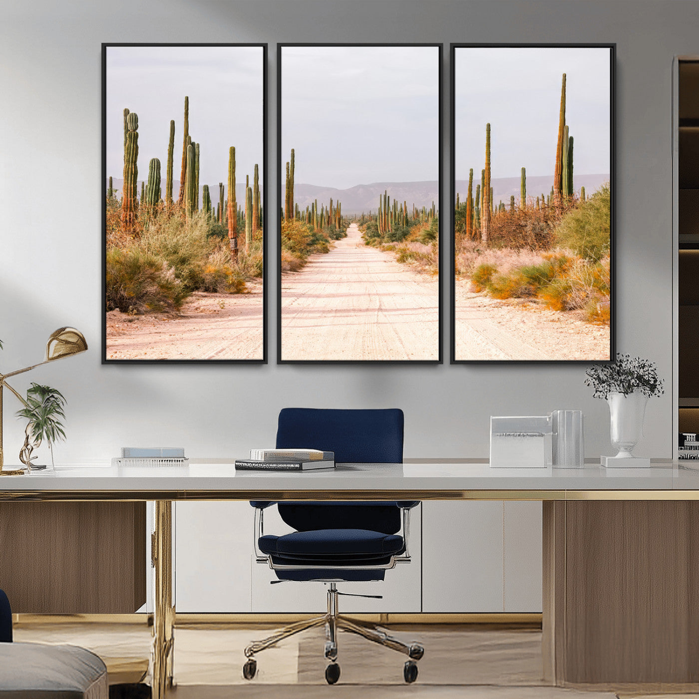 MGV-FC-48X32-3P - Desert Cactus Lined Road Wall Art Canvas Print, Framed Southwestern Landscape Art Picture Print, Bohemian Western Aesthetic Perfect Southwestern Boho Decor Artwork