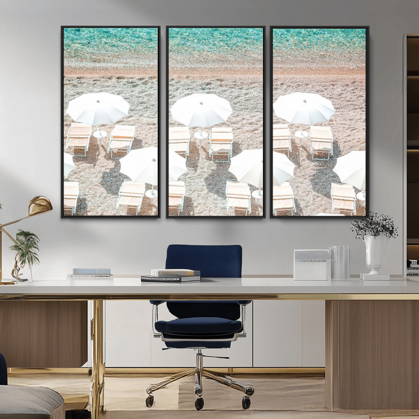 MGV-FC-48X32-3P - Calm Beach Wall Art Canvas Print, Framed Turquoise Water Art Picture Print, Umbrella Shoreline Perfect Coastal Minimalist Decor Artwork