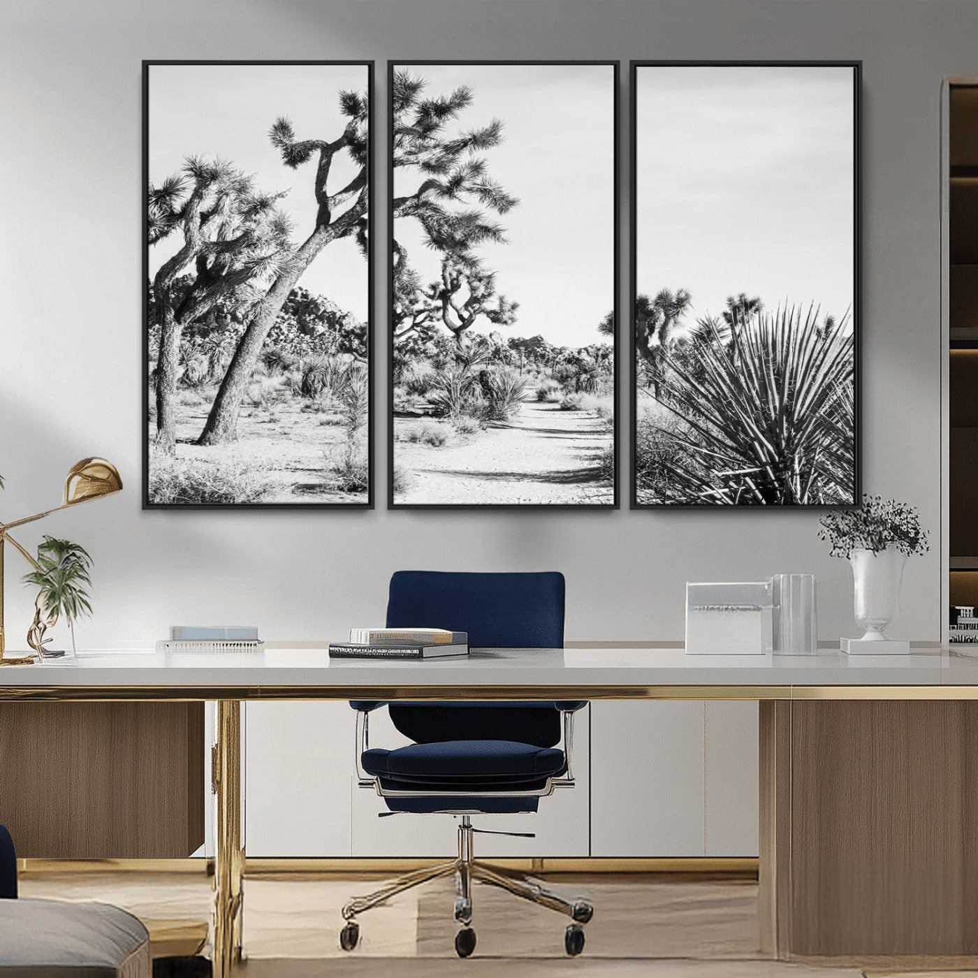 MGV-FC-48X32-3P - Joshua Tree Wall Art Canvas Print, Framed Desert Path Art Picture Print, Monochrome Desert Perfect Minimalist Desert Decor Artwork