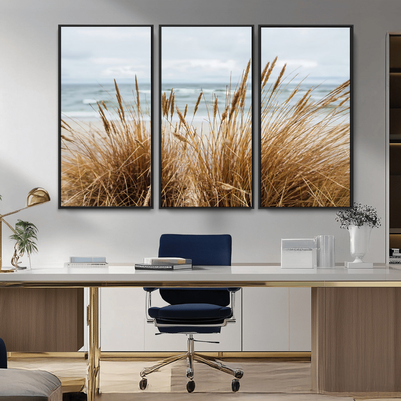 MGV-FC-48X32-3P - Beach Grass Wall Art Canvas Print, Framed Coastal Dunes Art Picture Print, Dune Grass Perfect Coastal Minimalist Decor Artwork